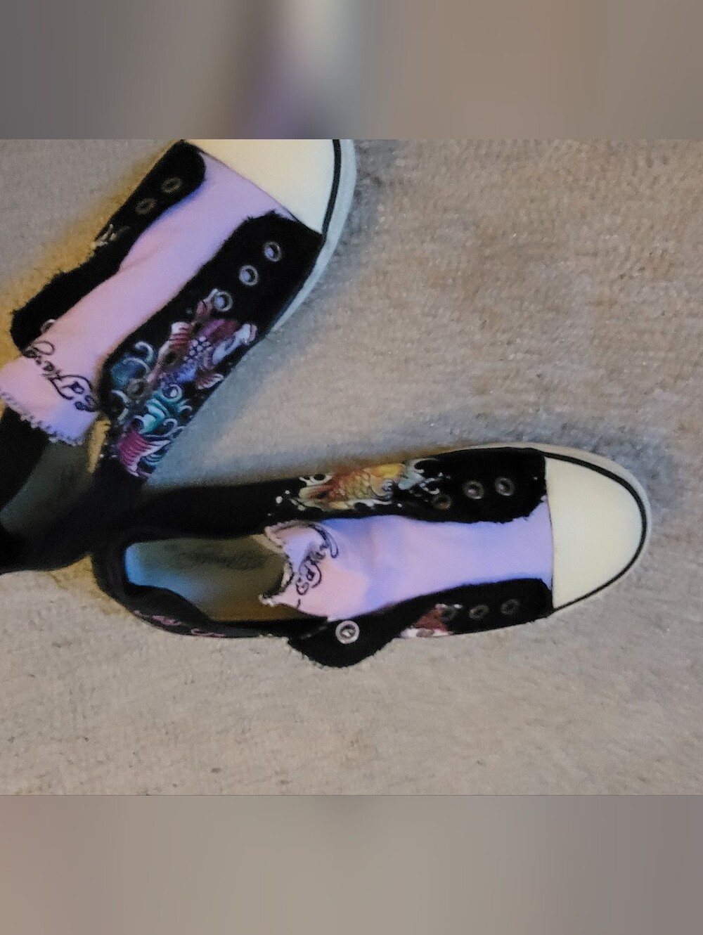 VTG Ed Hardy Slip On Low Top Sneakers Koi Fish Tattoo Canvas Black Lavender Sz10